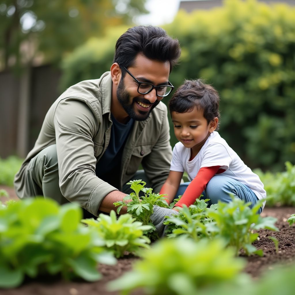 Raj Patel with his children in their garden